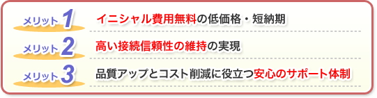 【メリット1】イニシャル費用無料の低価格・短納期 【メリット2】高い接続信頼性の維持の実現 【メリット3】品質アップとコスト削減に役立つ安心のサポート体制