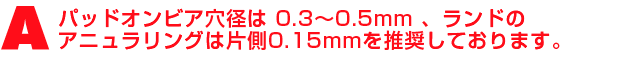 A2.パッドオンビア穴径は 0.3〜0.5mm 、ランドのアニュラリングは片側0.15mmを推奨しております。