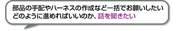 部品の手配やハーネスの作成など一括でお願いしたいどのように進めればいいのか、話を聞きたい