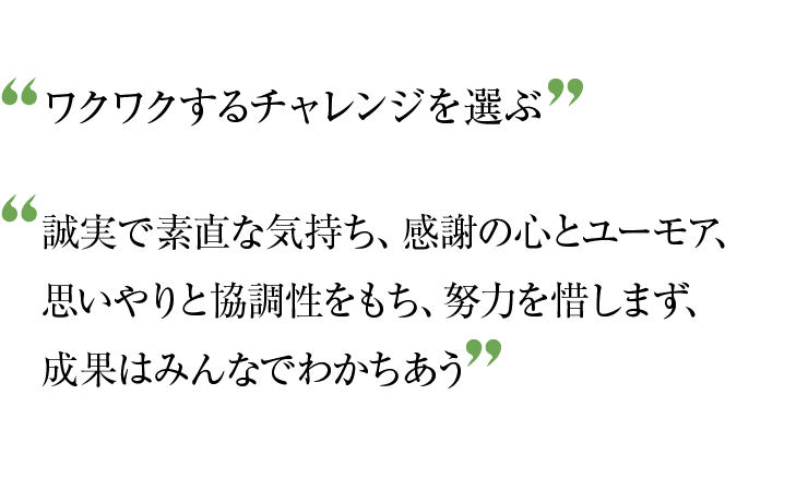 ワクワクするチャレンジを選ぶ　誠実で素直な気持ち、感謝の心とユーモア、思いやりと協調性をもち　努力を惜しまず、成果はみんなでわかちあう