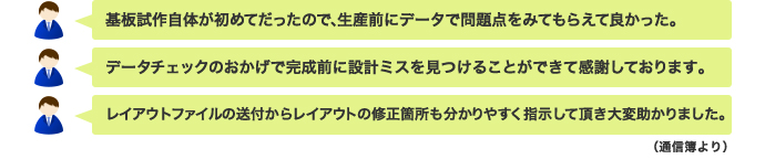 基板試作自体が初めてだったので、生産前にデータで問題点をみてもらえて良かった。