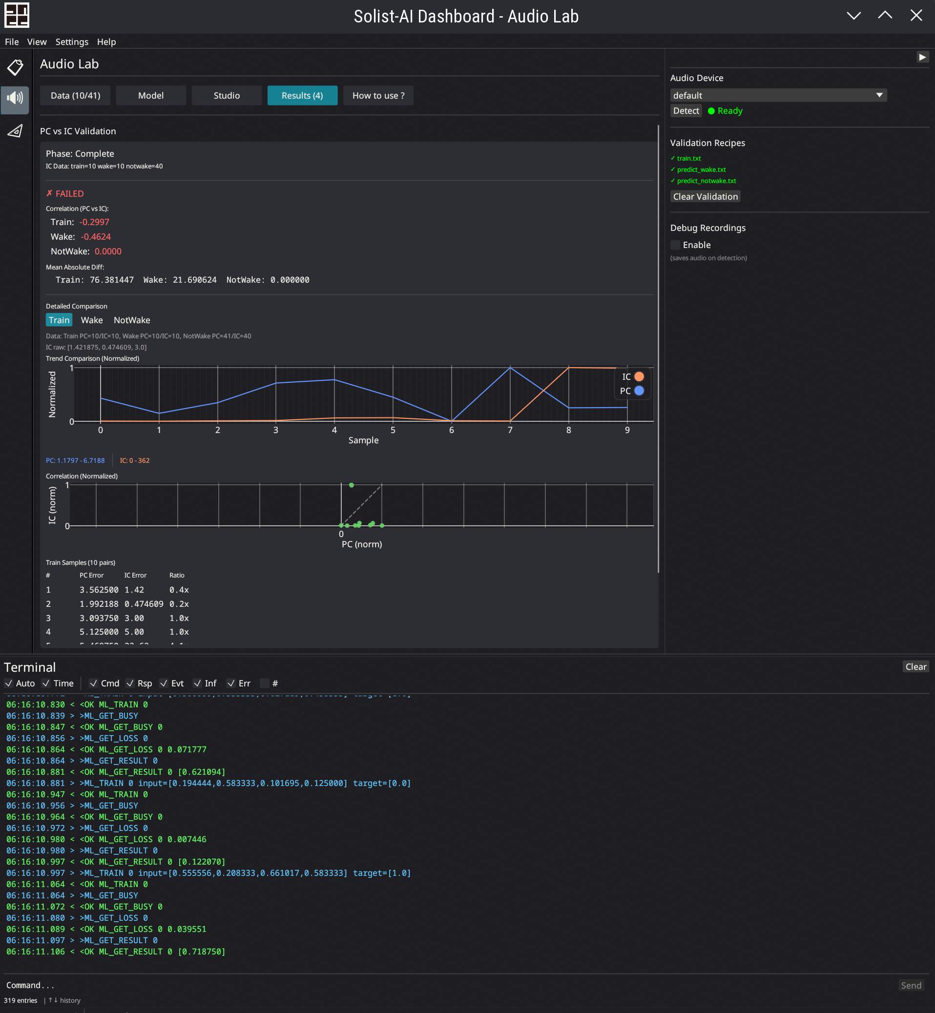 Solist-AI Dashboard の Audio Lab — PC と IC の推論結果を比較検証する画面